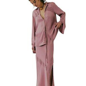 FREE PEOPLE Lucia Two Piece Set Pink Satin Lace Bohemian Outfit Size Small NWOT